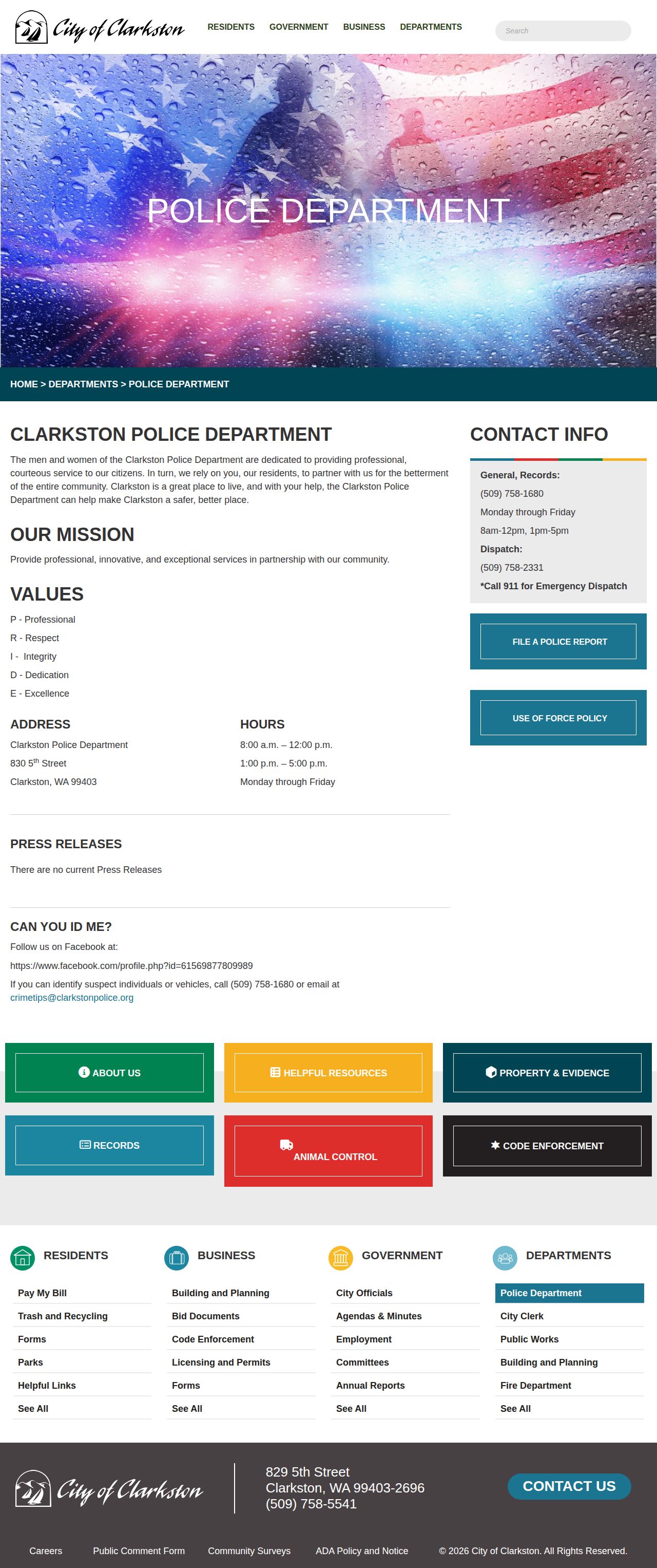 Official Clarkston Police Department page with department contact information
