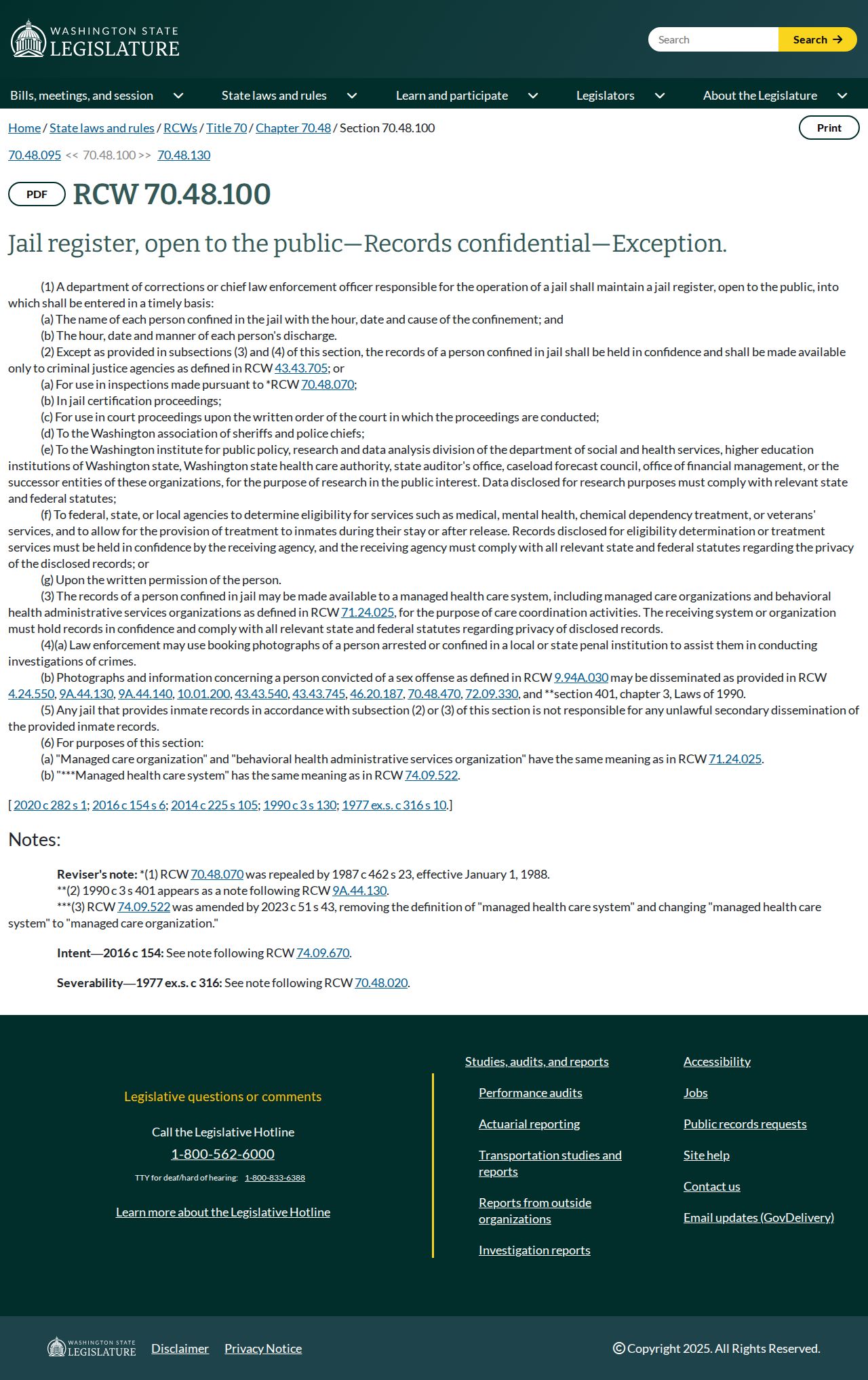 Asotin County booking-record law RCW 70.48.100 source page