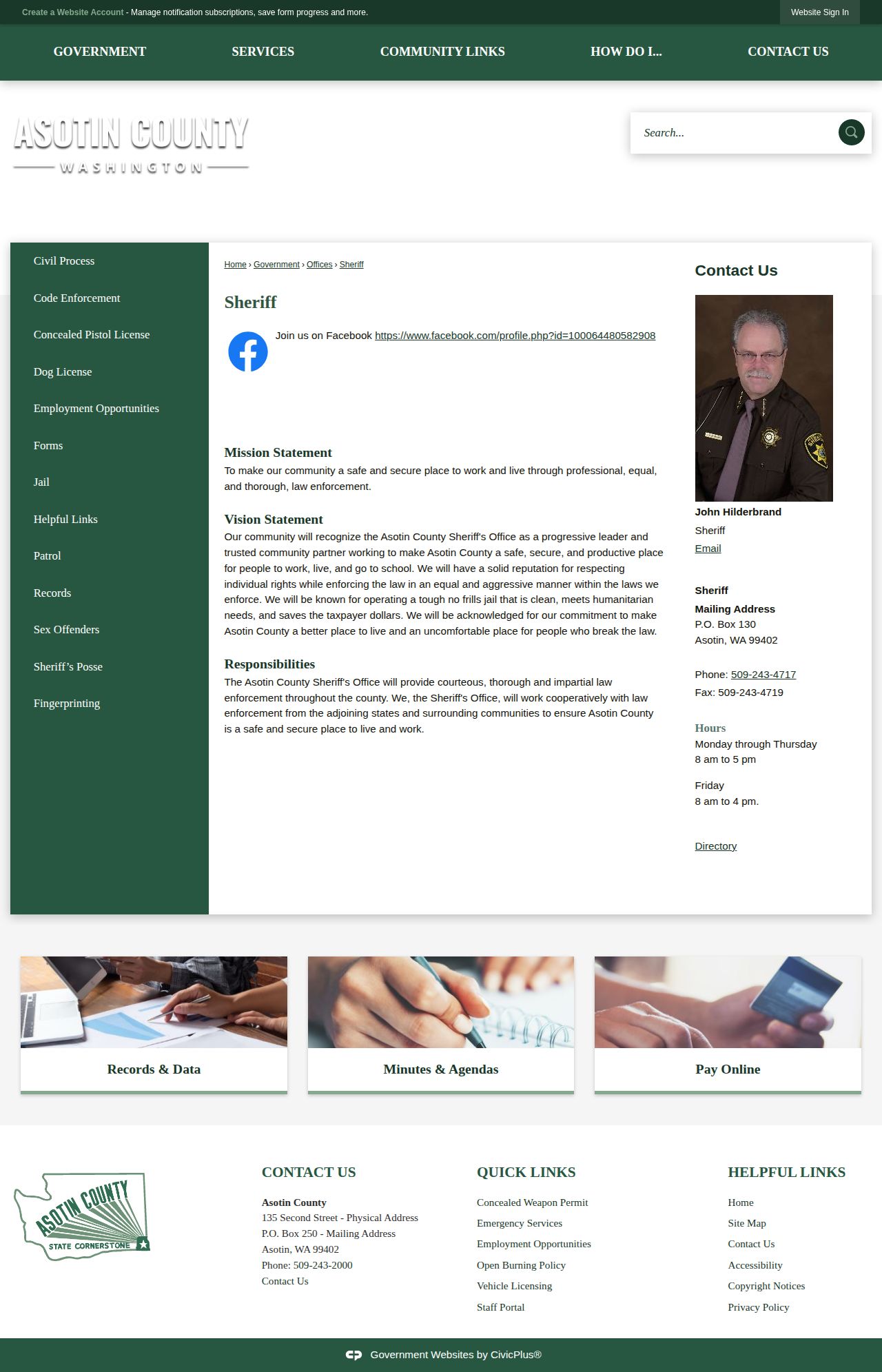 Asotin County Sheriff official booking-record contact page