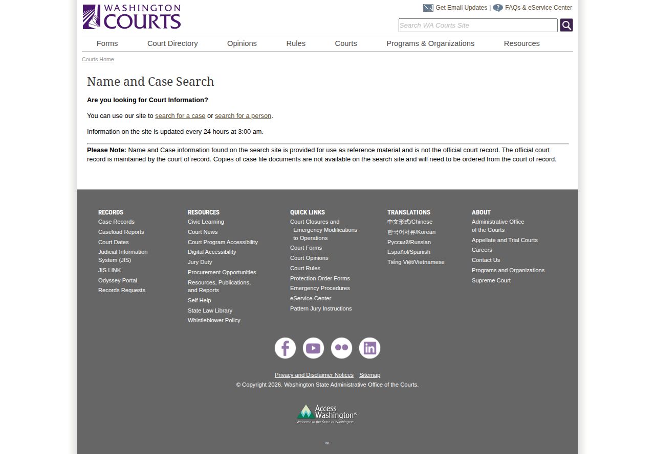 Asotin County booking disposition lookup on Washington Courts case search
