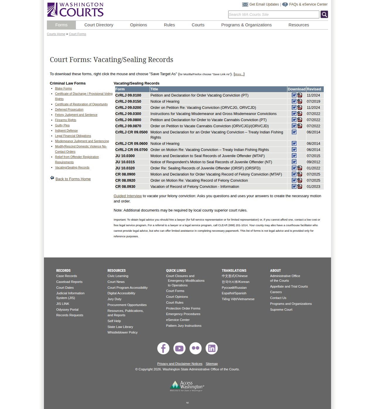 Asotin County booking record correction Washington Courts vacating and sealing forms