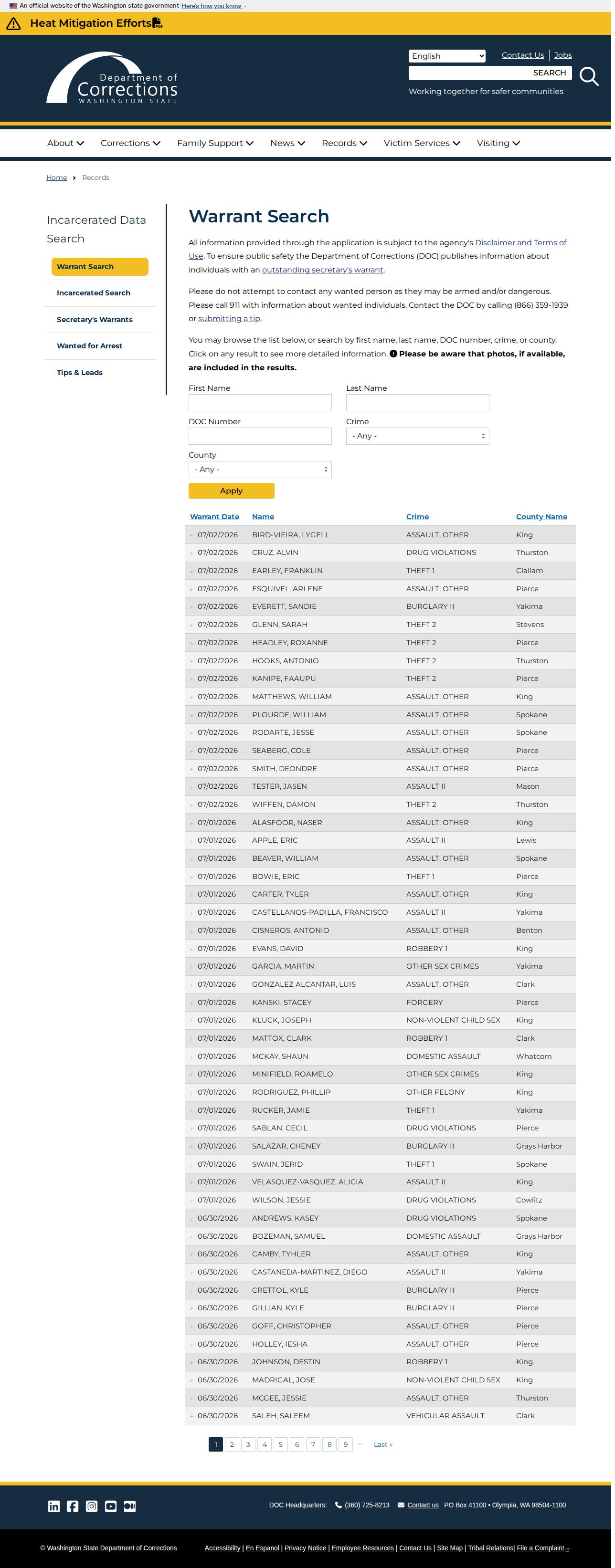 Asotin County DOC secretary warrant search interface